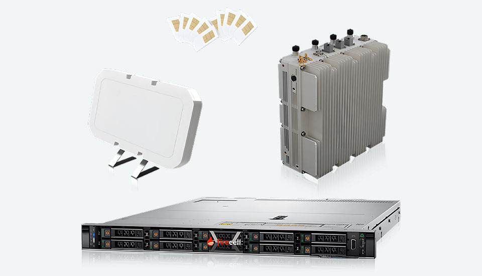 Firecell Private-5G-Hardwarekomponenten: Indoor-Antenne, outdoor RAN-Einheit, SIM-Karten und Firecell Server