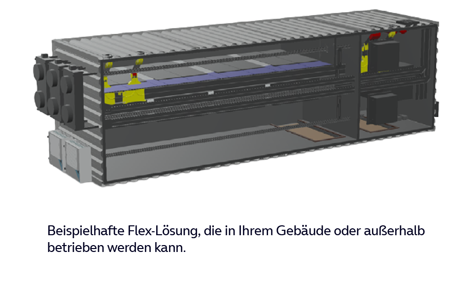 3D-Illustration eines kompakten, containerförmigen O₂ Business Data Center Flex – einsetzbar innerhalb oder außerhalb eines Gebäudes.