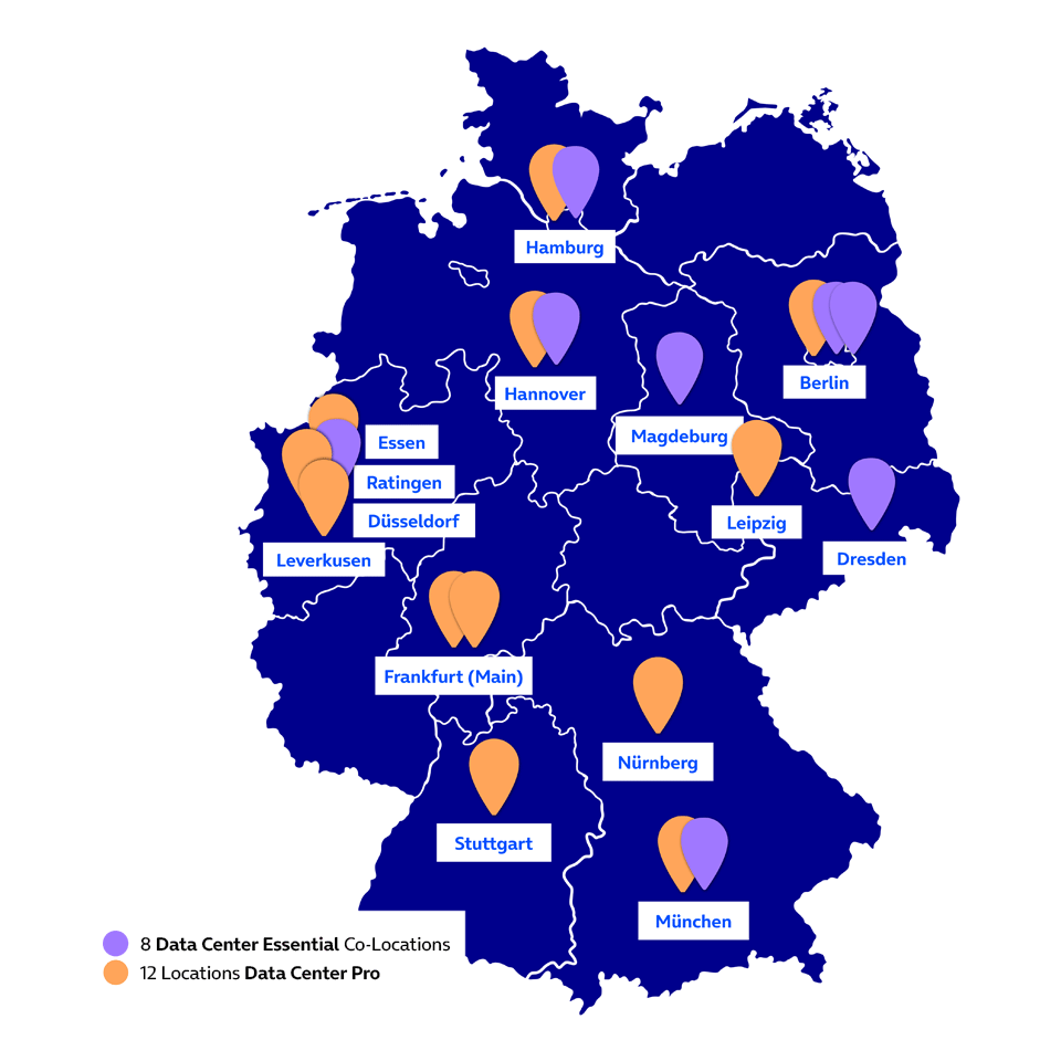 Deutschlandkarte mit den Standorten der O₂ Business Data Center: 12 Data Center Pro Standorte und 8 Data Center Essential Co-Locations in deutschen Großstädten, darunter Hamburg, Berlin, Frankfurt, München, Düsseldorf und Stuttgart.