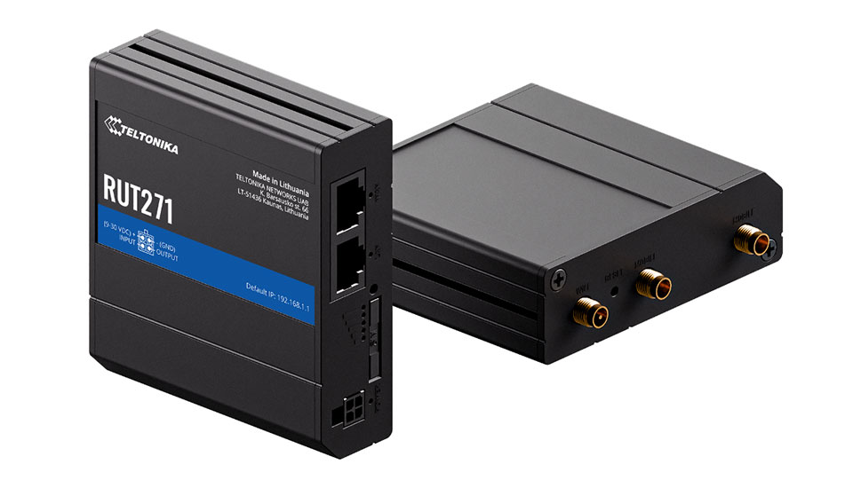Teltonika RUT271 4G LTE Router in schwarz mit Display und Antennenanschlüssen für industrielle IoT-Anwendungen