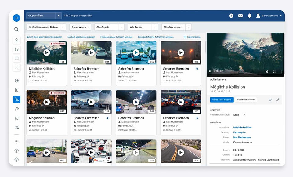 Dashboard in MyGeotab mit einer Übersicht ereignisbasierter Videoaufnahmen, darunter mögliche Kollisionen und scharfes Bremsen, sowie Detailansicht eines ausgewählten Vorfalls inklusive Standort- und Fahrzeuginformationen