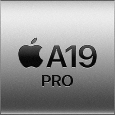 Ein silbernes Quadrat mit dem Apple Logo und dem Text „A19 Pro“, der für den A19 Pro Chip steht