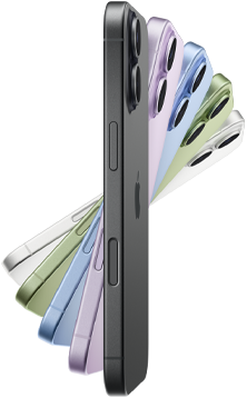 iPhone 17, Seitenansicht, fünf Farben: Schwarz, Lavendel, Nebelblau, Salbei und Weiß.