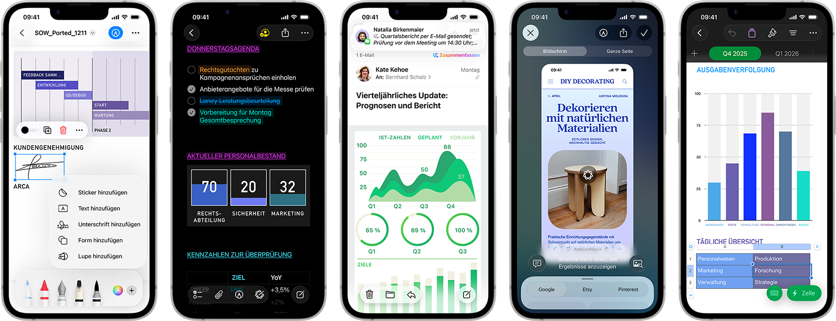 Mehrere iPhone 17e Geräte im Hochformat nebeneinander, die die Performance mit verschiedenen Diagrammen, Tabellen und Produktivitätsapps für Unternehmen wie Vorschau, Notizen, Mail, Visuelle Intelligenz und Numbers zeigen