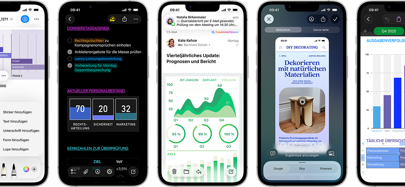 Mehrere iPhone 17e Geräte im Hochformat nebeneinander, die die Performance mit verschiedenen Diagrammen, Tabellen und Produktivitätsapps für Unternehmen wie Vorschau, Notizen, Mail, Visuelle Intelligenz und Numbers zeigen