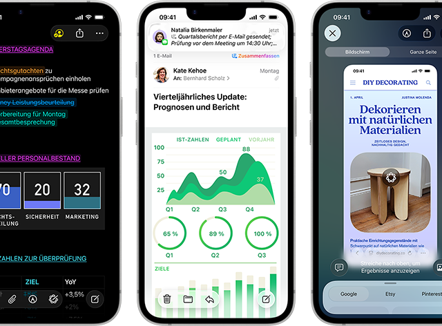 Mehrere iPhone 17e Geräte im Hochformat nebeneinander, die die Performance mit verschiedenen Diagrammen, Tabellen und Produktivitätsapps für Unternehmen wie Vorschau, Notizen, Mail, Visuelle Intelligenz und Numbers zeigen