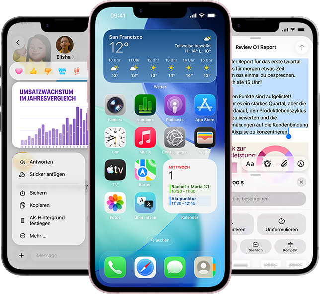 Mehrere iPhone 17e Geräte nebeneinander zeigen ein Foto eines Diagramms in der Nachrichten App, den Homescreen mit dem Wetter Widget und Apps sowie die Notizen App mit verwendeten Apple Intelligence Schreibtools