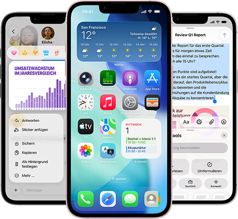 Mehrere iPhone 17e Geräte nebeneinander zeigen ein Foto eines Diagramms in der Nachrichten App, den Homescreen mit dem Wetter Widget und Apps sowie die Notizen App mit verwendeten Apple Intelligence Schreibtools