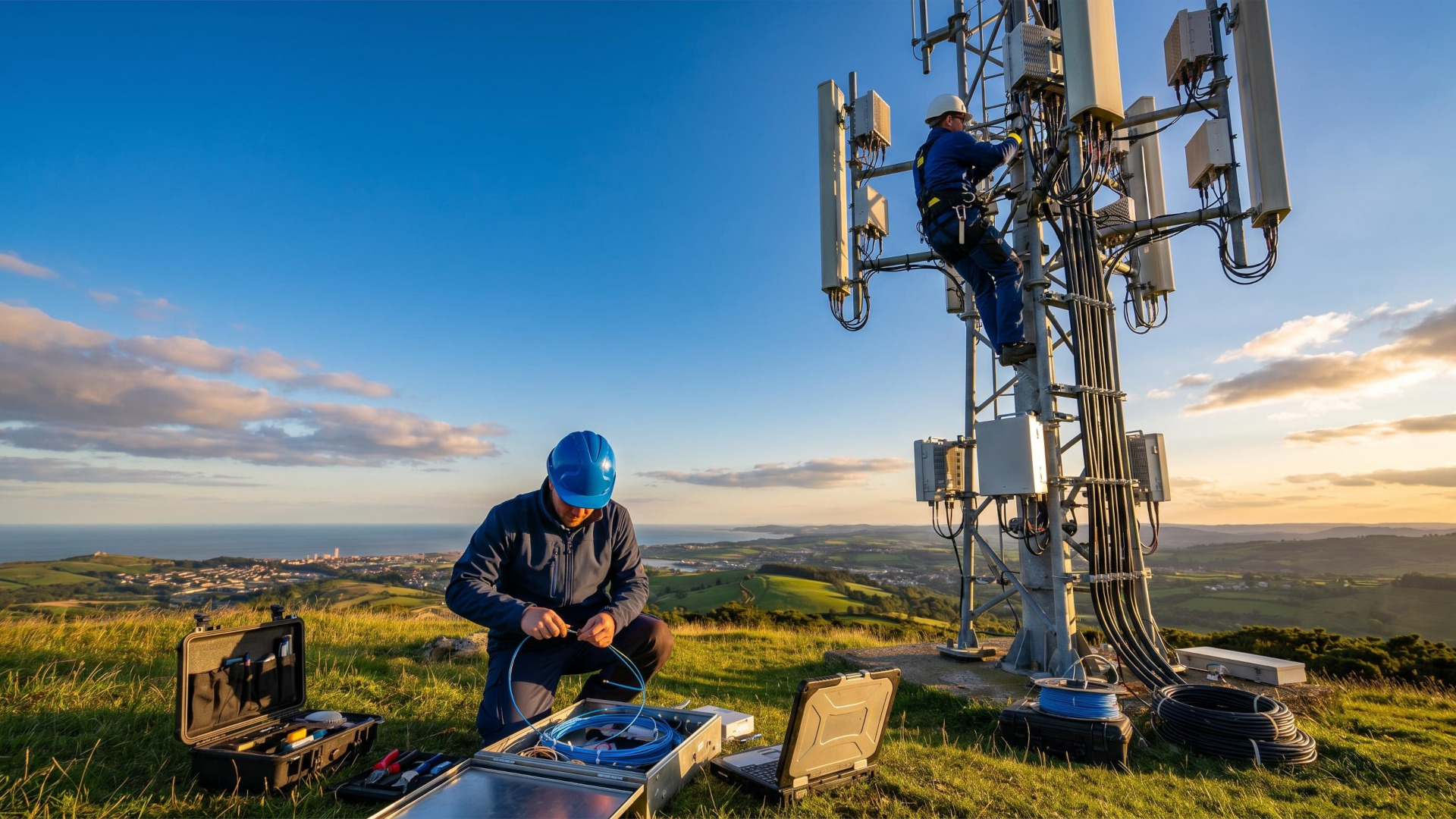 Techniker arbeiten an einem Mobilfunkmast