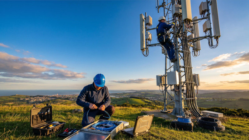 Techniker arbeiten an einem Mobilfunkmast