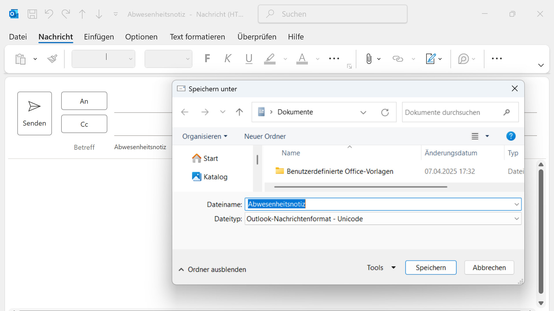 Screenshot der Funktion Abwesenheitsvorlage und Regeln im klassischen Outlook erstellen skaliert