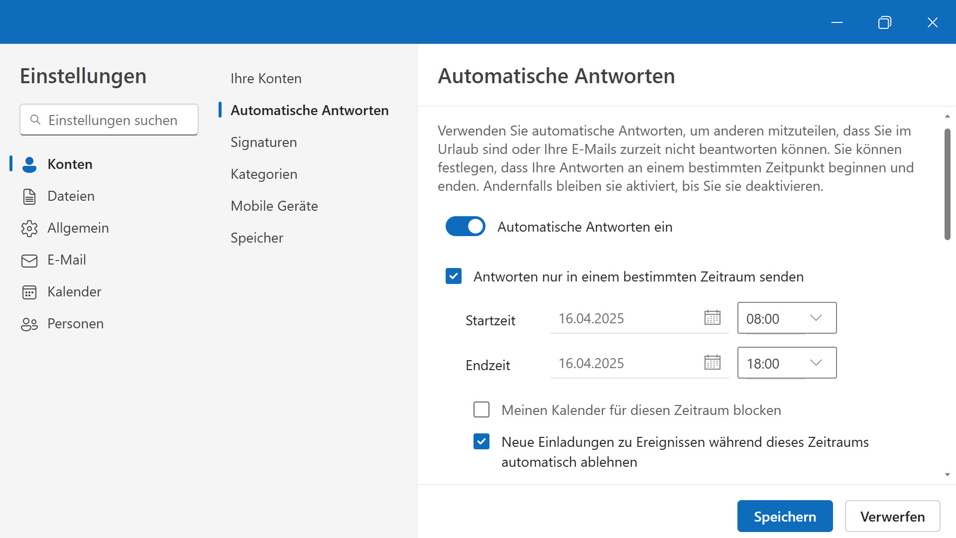 Screenshot der Funktion automatisch antworten in der neuen Outlook-App skaliert