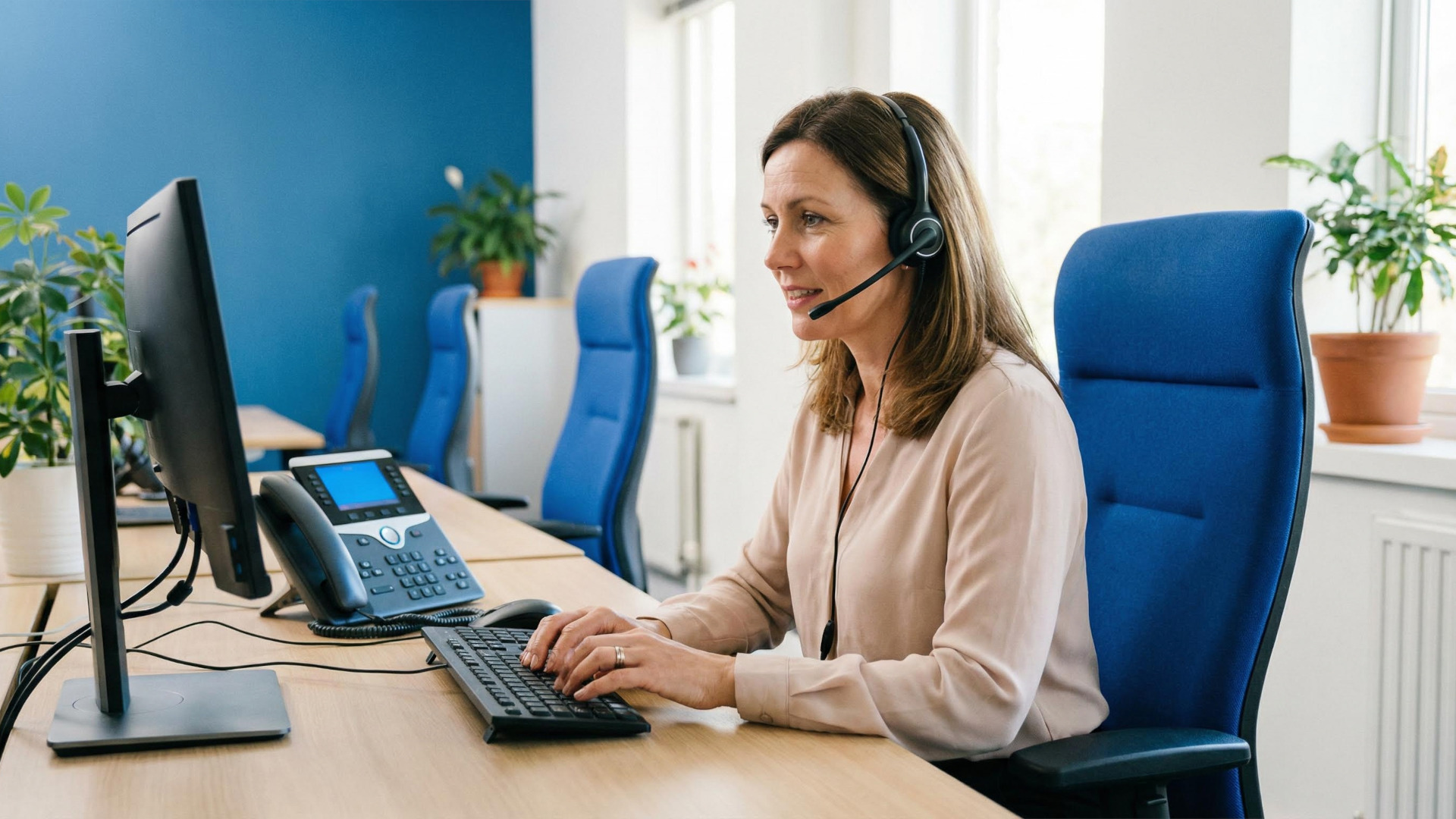 Eine Frau mit Headset telefoniert im Büro per PC über das Internet