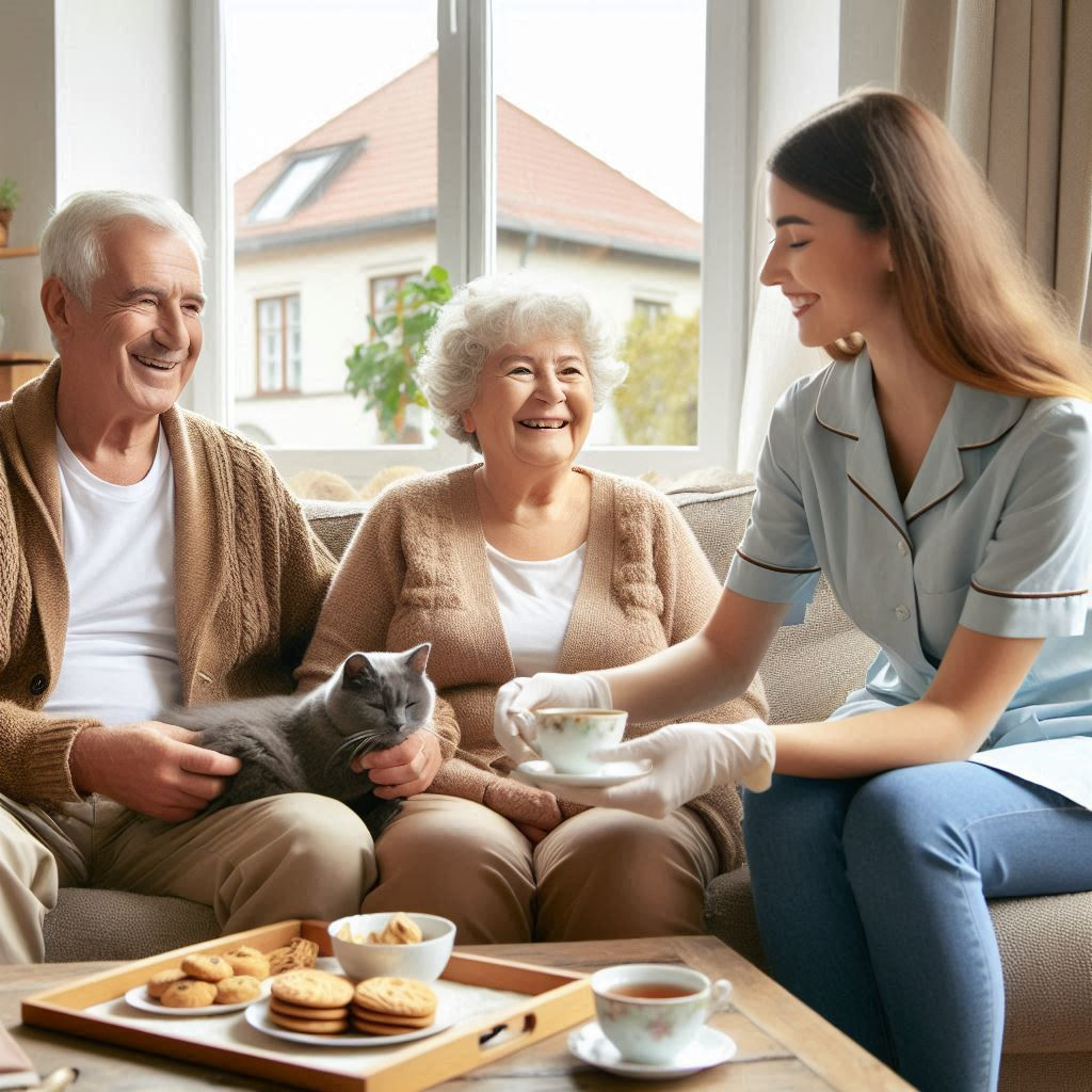 ine junge Altenpflegerin kümmert sich um ein fröhliches älteres Ehepaar. Es gibt Kaffee und Kuchen. 