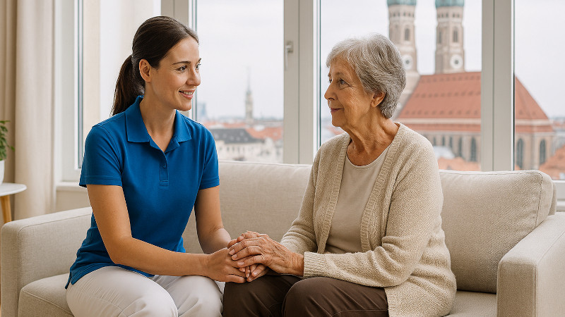 Eine Pflegekraft sitzt auf einem Sofa neben einer älteren Person und hält deren Hände. Im Hintergrund große Fenster mit Blick auf die Münchener Frauenkirche.