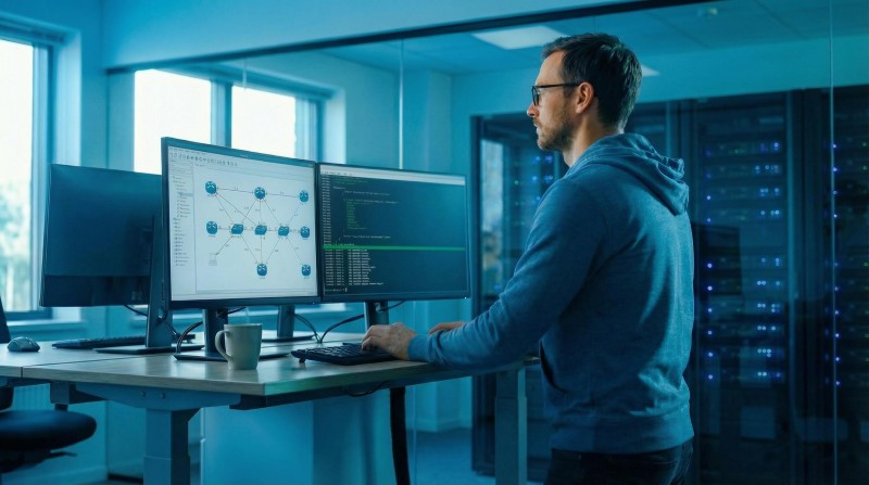 Ein IT-Techniker an einem Computer prüft das Netzwerk  mit Hilfe des OSI-Modells.