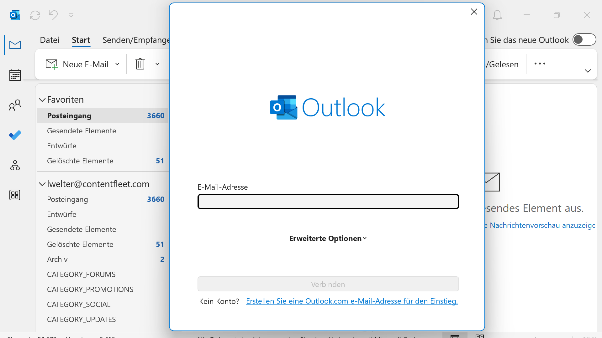 Postfach hinzufügen im klassischen Outlook Screenshot