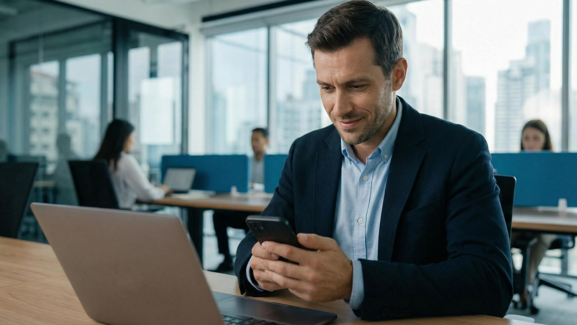 Ein Mitarbeiter schaut zuversichtlich auf sein Firmenhandy