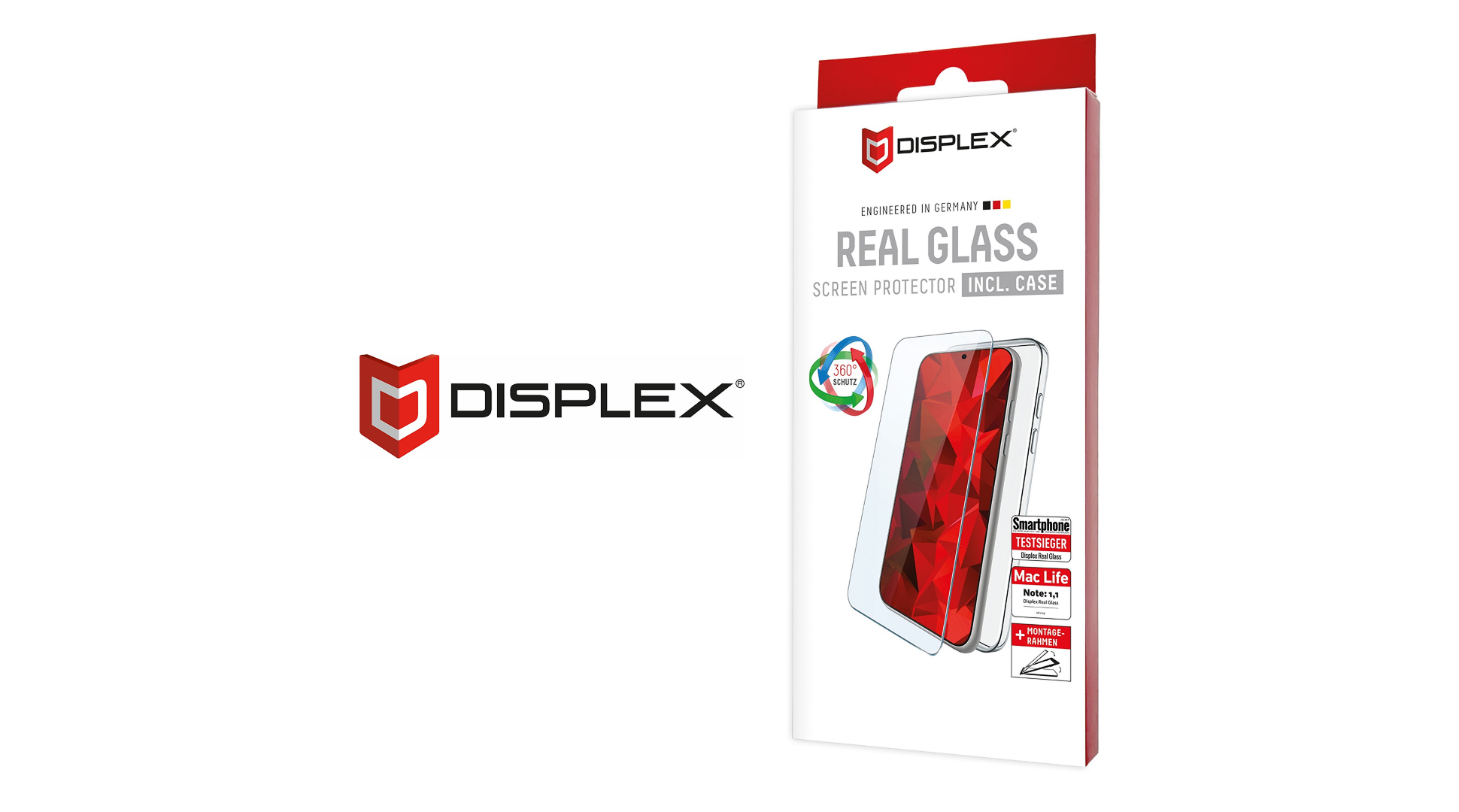 Verpackung eines DISPLEX Real Glass Displayschutzes inklusive Case. Die Packung zeigt ein Smartphone mit rotem geometrischem Muster und enthält Hinweise wie „Engineered in Germany“, „360° Schutz“ und „Testsieger Mac Life“. Links daneben ist das DISPLEX-Logo abgebildet.