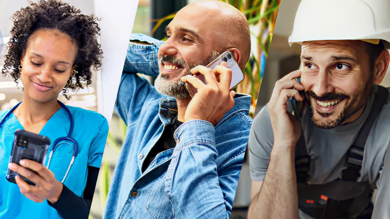 Abbildung: Drei Personen telefonieren, eine Frau in medizinischer Kleidung, ein Mann in Freizeitkleidung und ein Mann mit Bauhelm.