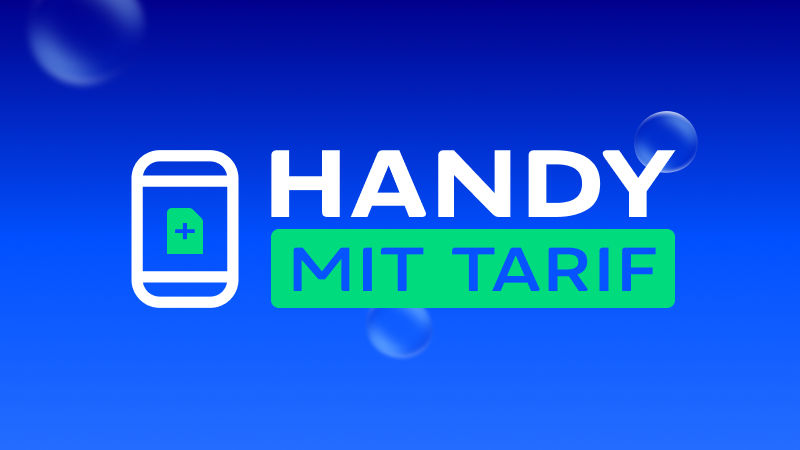 Grafik mit Smartphone‑Icon und der Aufschrift „Handy mit Tarif“ auf blauem Hintergrund.