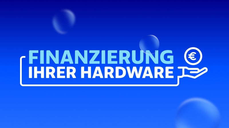 Grafik mit der Aufschrift „Finanzierung Ihrer Hardware“ und Euro‑Symbol auf blauem Hintergrund.
