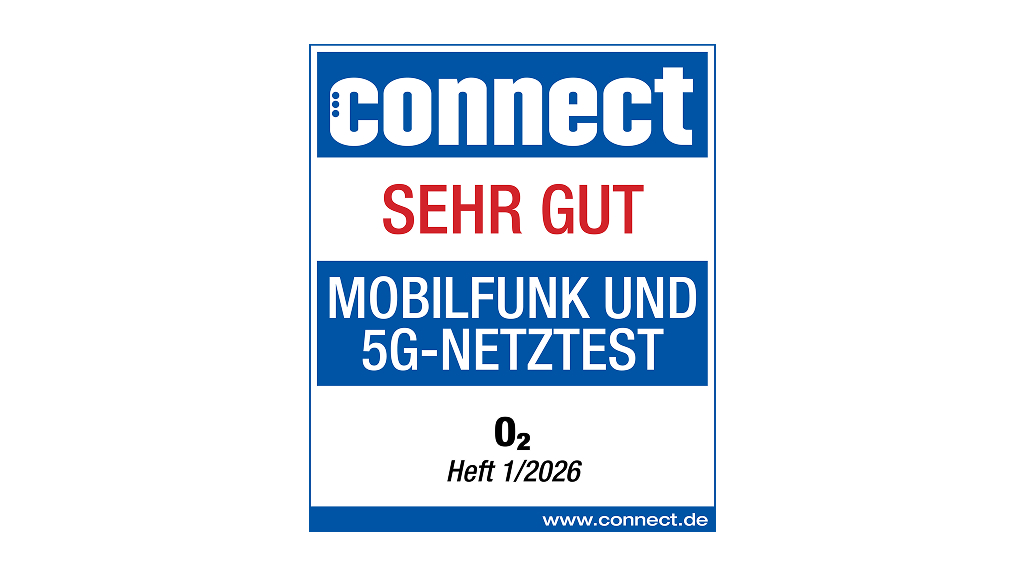 Testsiegel der Zeitschrift connect mit der Bewertung Sehr gut für den Mobilfunk und 5G-Netztest, ausgezeichnet für O₂ im Heft 1/2026. Unten steht die Website www.connect.de