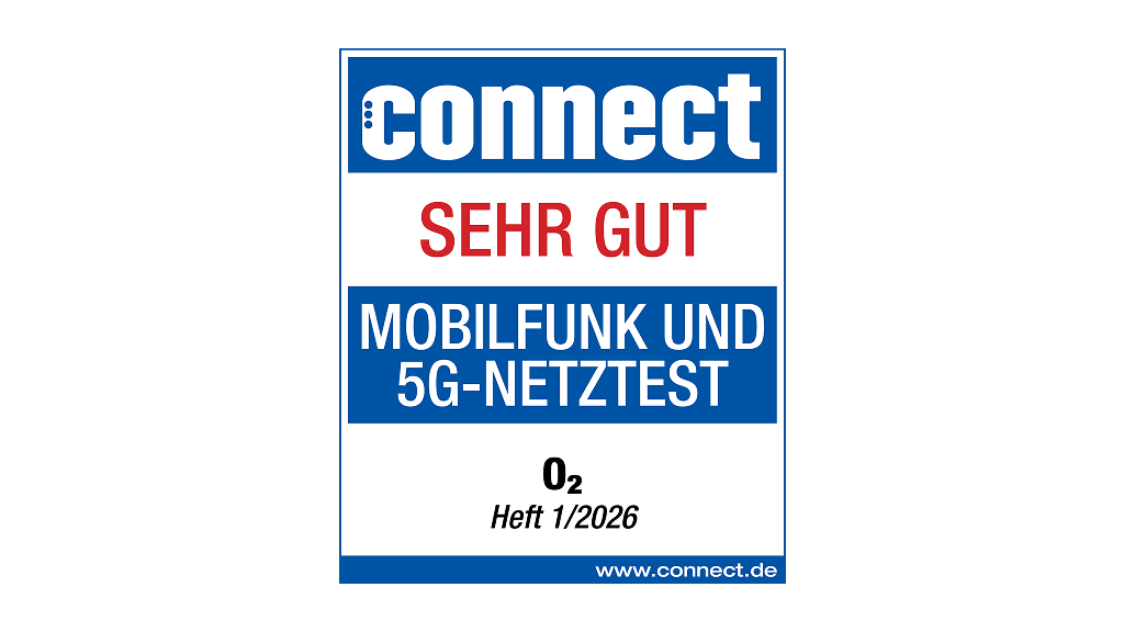 Testsiegel der Zeitschrift connect mit der Bewertung Sehr gut für den Mobilfunk und 5G-Netztest, ausgezeichnet für O₂ im Heft 1/2026. Unten steht die Website www.connect.de